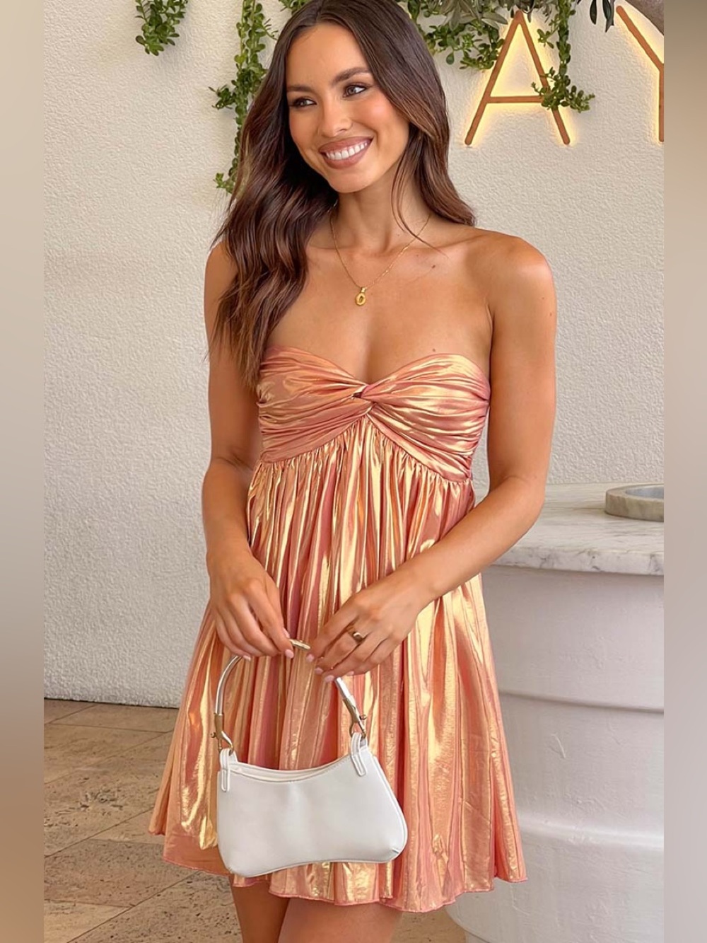 Beginning Boutique Metallic Peach Strapless Twisted Bodice Dress